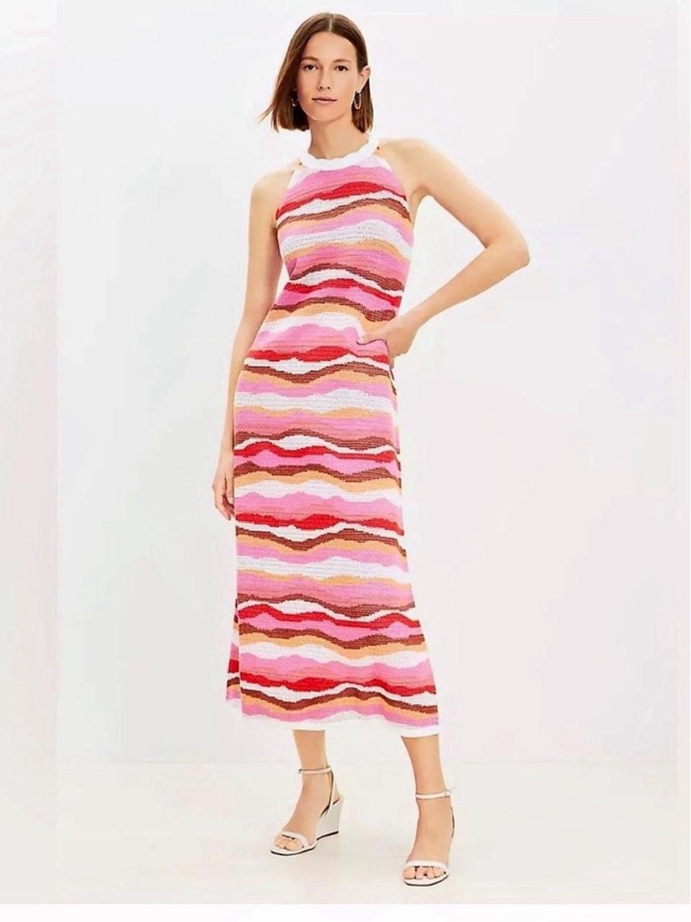 LOFT Pink Multi-Stripe Halter Midi/Maxi Knit Dress